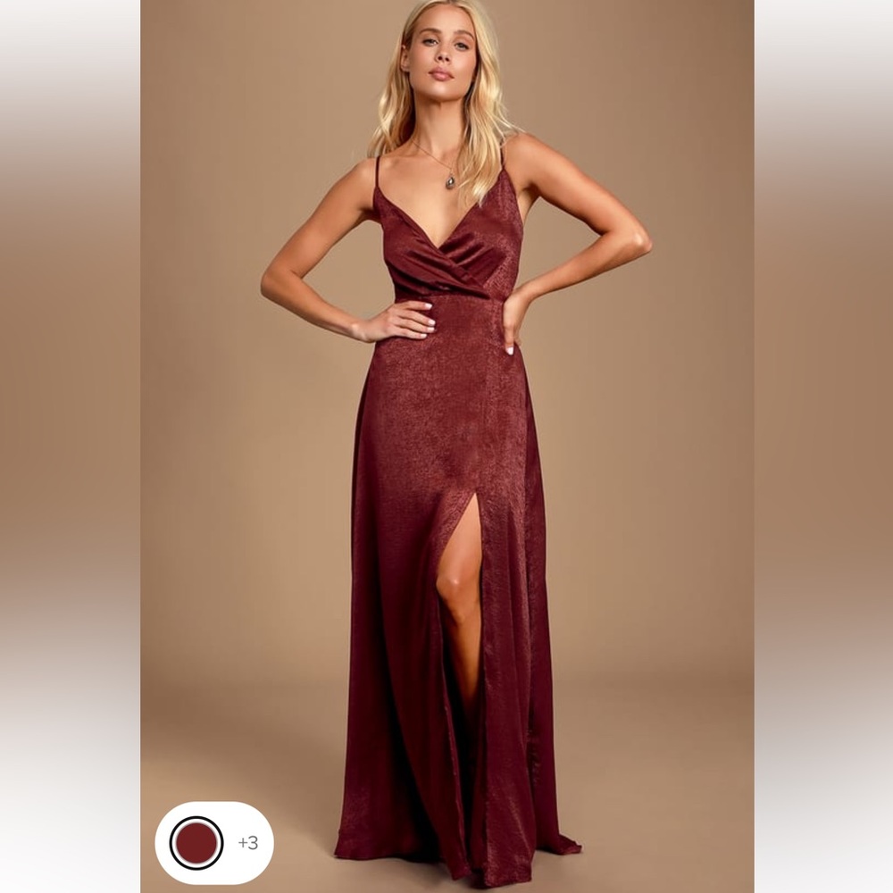 Lulus Constantine Burgundy Satin Maxi Dress
